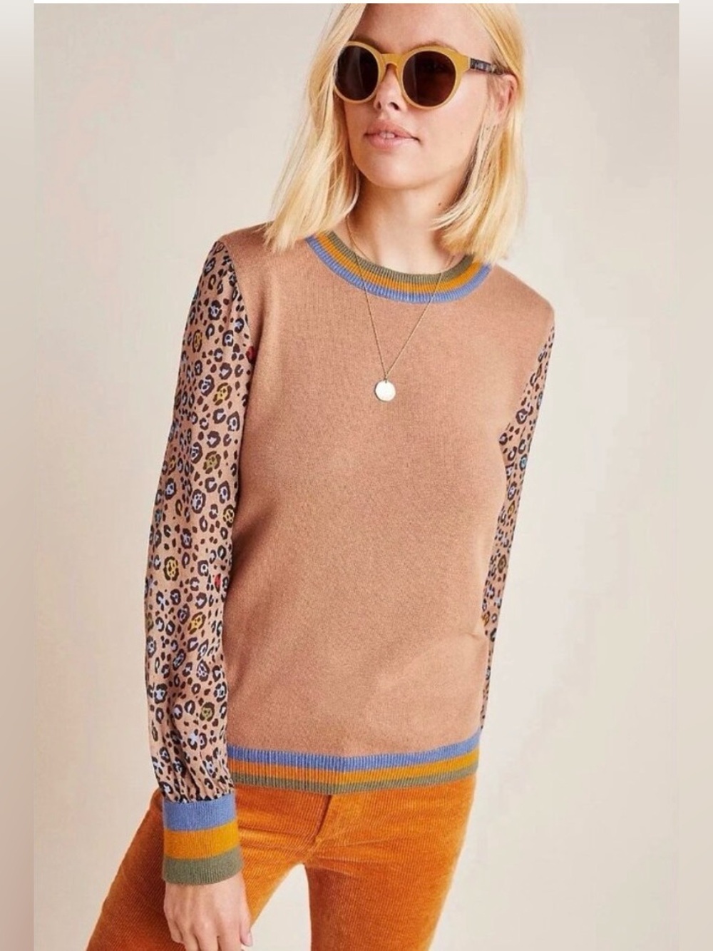 Anthropologie women’s brown cheetah long sleeve sweater blouse chiffon sleeves